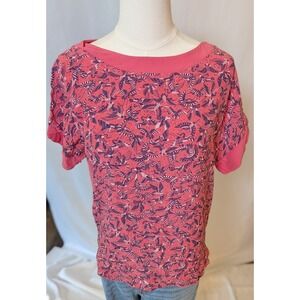 Next Womens Coral Pink Bird Print Mixed Media Short Sleeve Scoop Neck Top Size 8